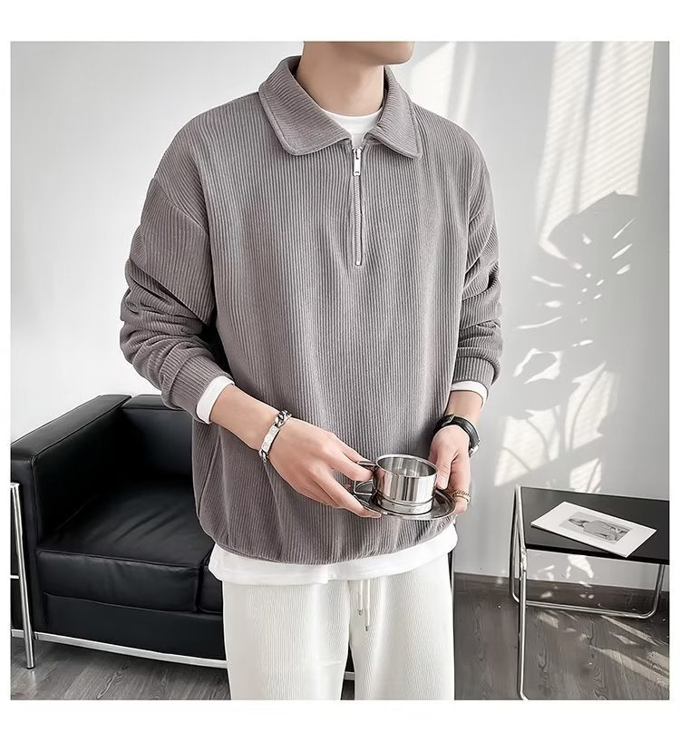 Herren Gerippter Pullover mit Halbreißverschluss und Polokragen Drune