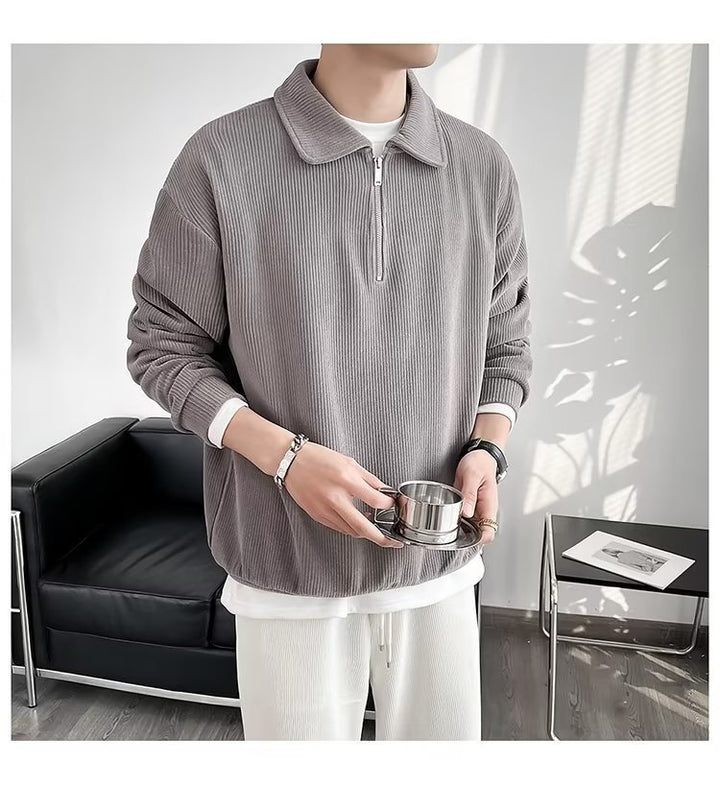 Herren Gerippter Pullover mit Halbreißverschluss und Polokragen Drune