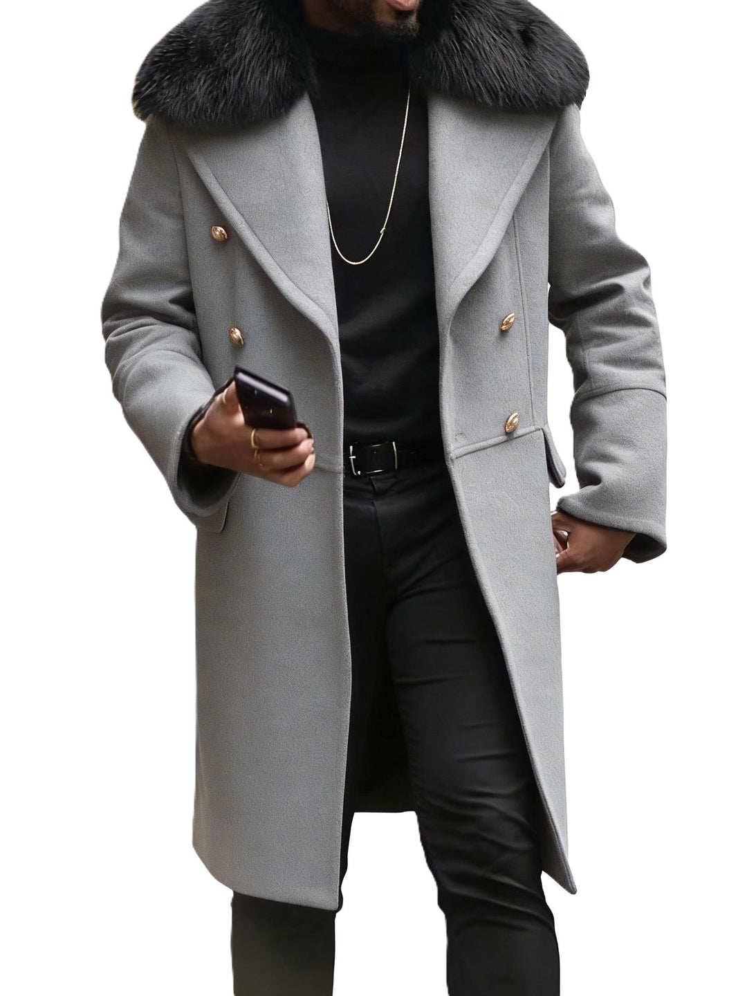 Herren Langer Doppelreihiger Mantel mit voluminösem Teddykragen und eleganten Metallknöpfen Drune