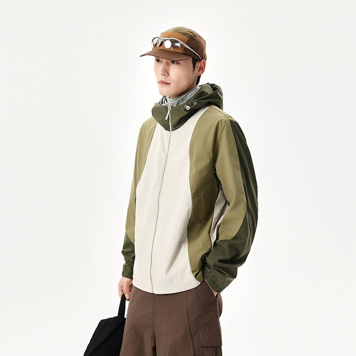 Herren leichte wasserabweisende Farbblock-Windjacke mit Kapuze und Reißverschluss Drune