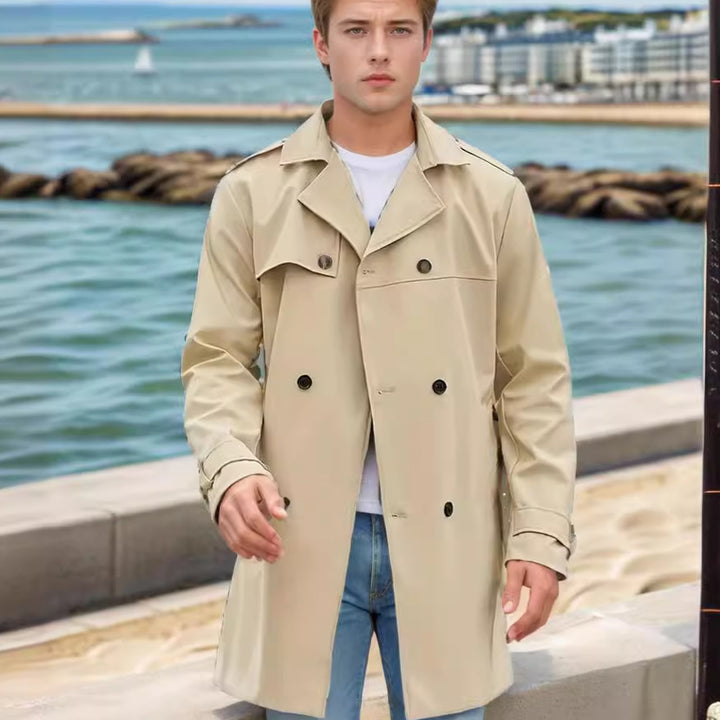 Herren nan urbaner Regenmantel im Trench-Stil mit doppellagiger Sturmklappe und verstellbaren Manschetten Drune