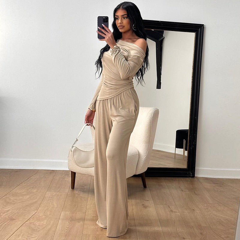 Damen elegantes Zweiteiliges Set aus fließendem Material mit asymmetrischem Design Drune