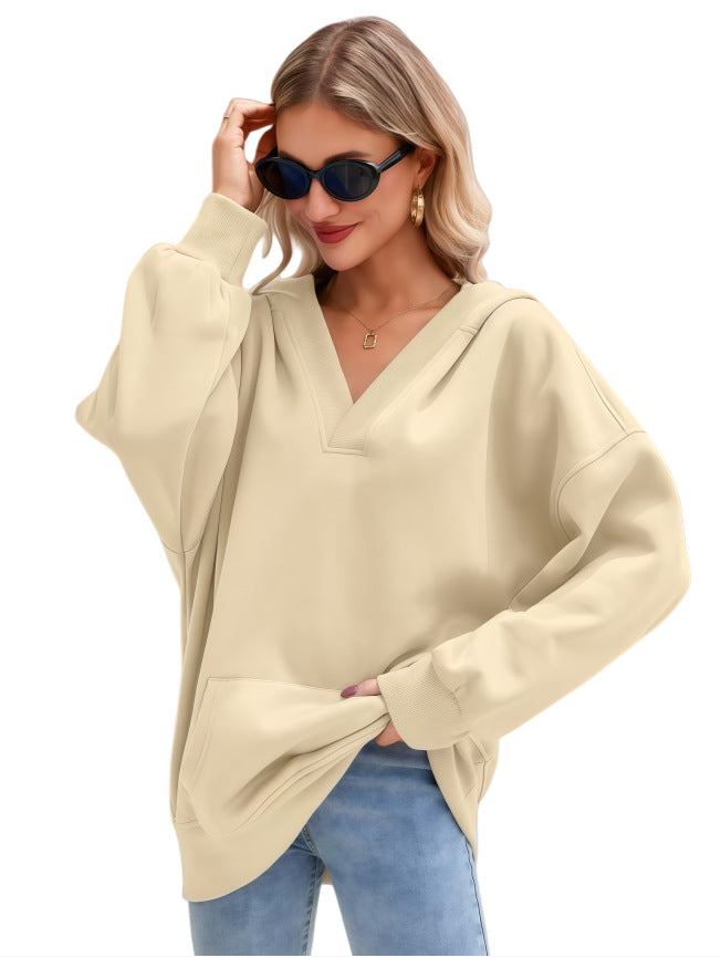 Damen Oversize V-Ausschnitt Hoodie mit Kapuze, Kängurutasche und verlängertem Saum Drune