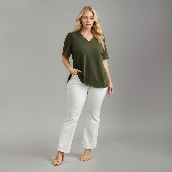 Damen Lässiges V-Ausschnitt T-Shirt mit Seitentaschen und weichem Material Drune