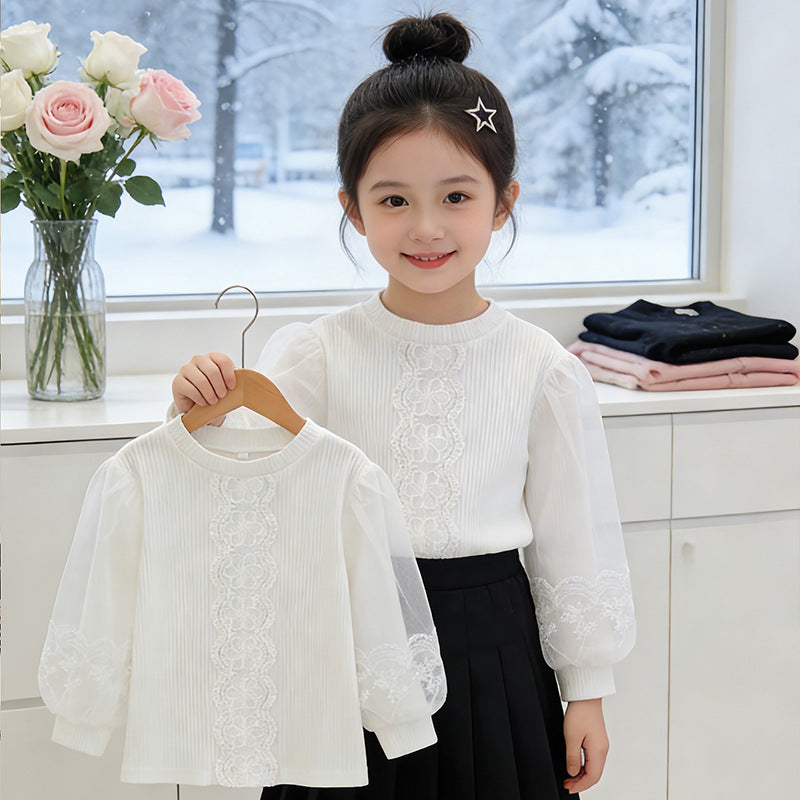 Mädchen elegante Bluse mit transparenten Puffärmeln und zarter Blumenstickerei Drune