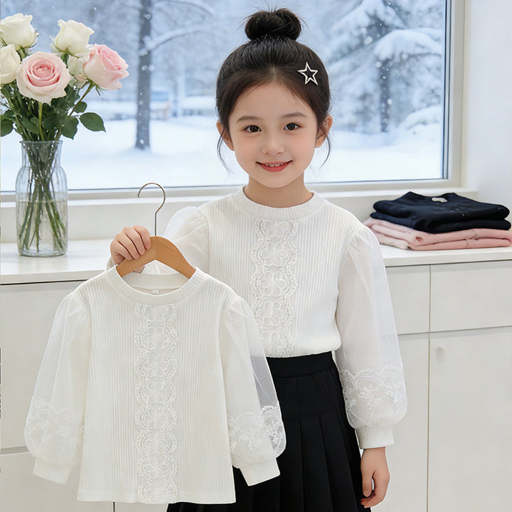 Mädchen elegante Bluse mit transparenten Puffärmeln und zarter Blumenstickerei Drune