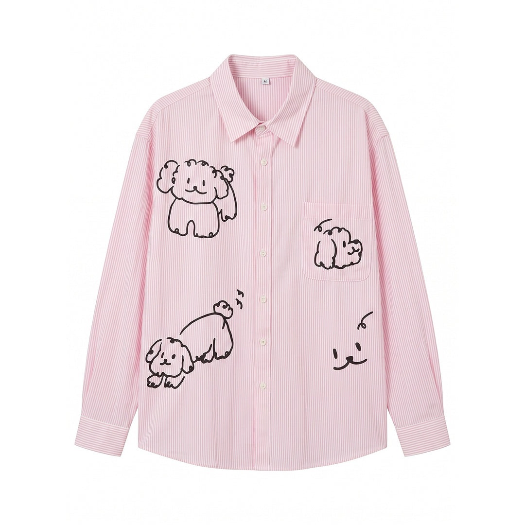 Damen Gestreifte Oversize-Hemdbluse mit Hundedoodle-Prints und Brusttasche Drune