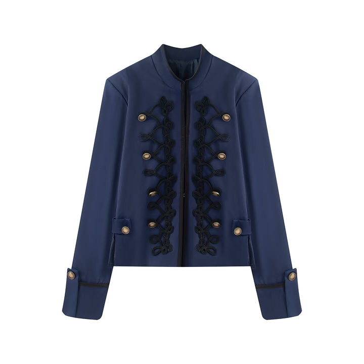 Damen Kurzjacke im Militärestil mit Stehkragen Kordverzierung und Zierknöpfen Drune