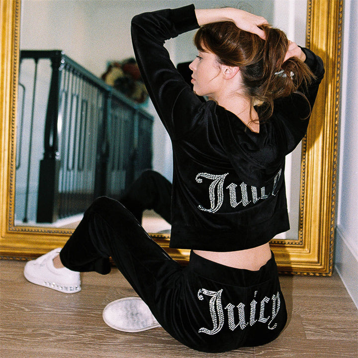 Damen luxuriöser Velours-Jogginganzug mit Glitzerakzenten und elastischem Bund Drune