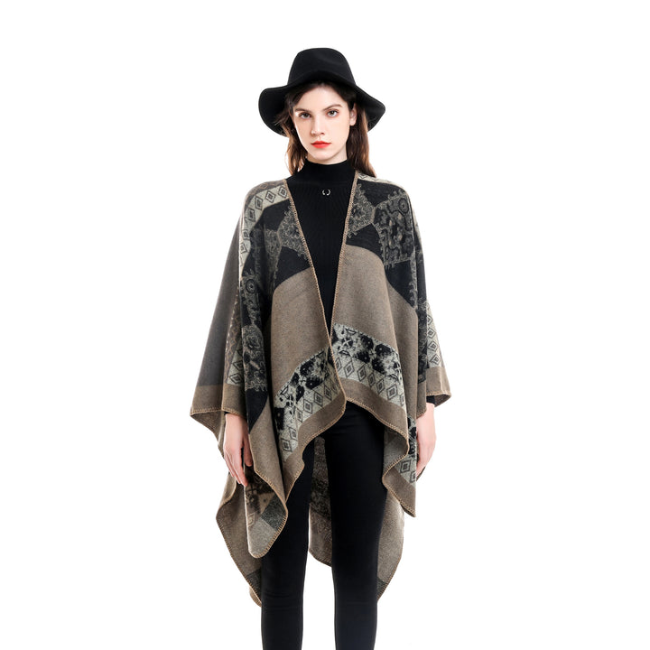 Damen Oversize Poncho aus Jacquard-Strick mit geometrischem Ethno‑Muster Drune