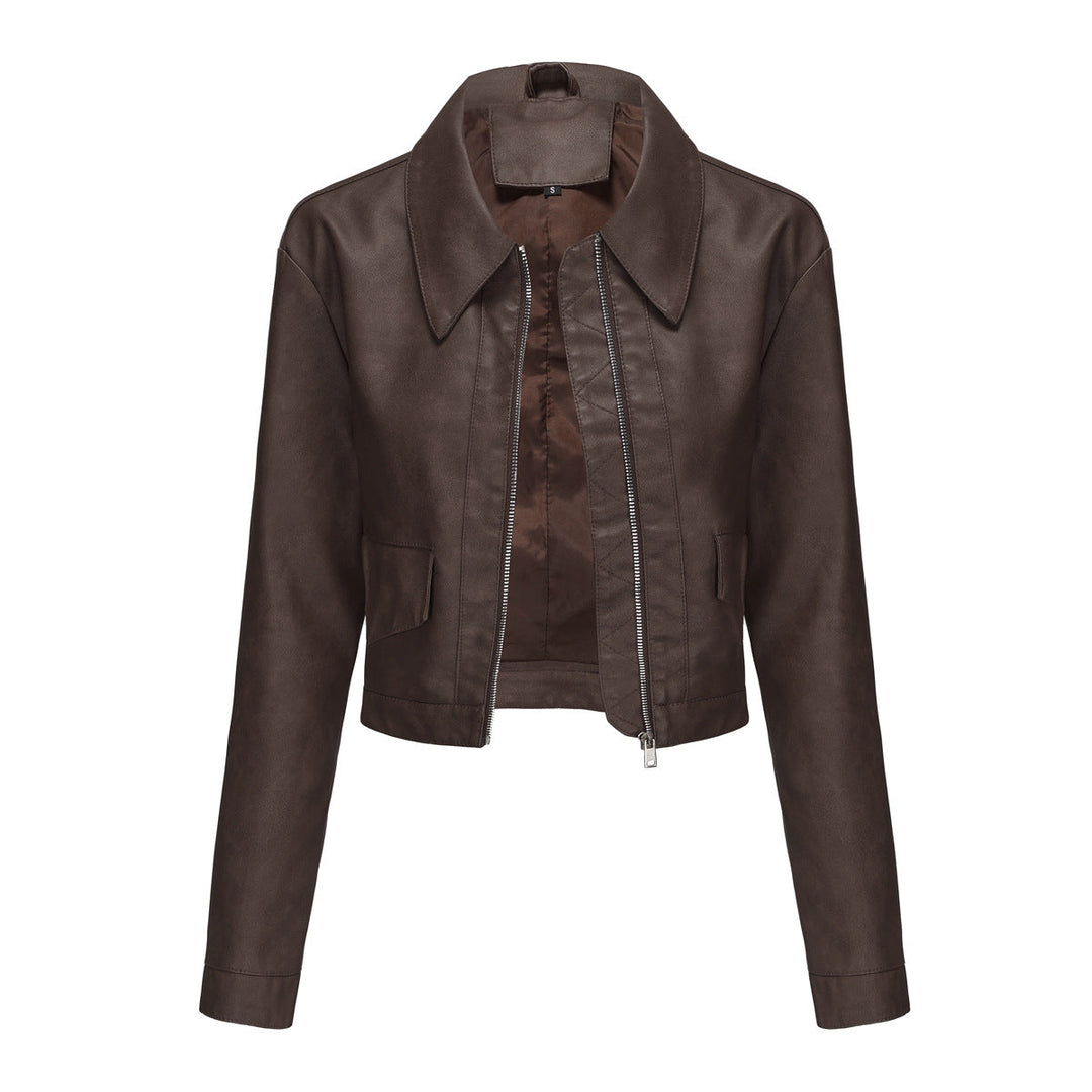 Damen modische cropped Kunstlederjacke mit klassischem Wellenkragen Drune