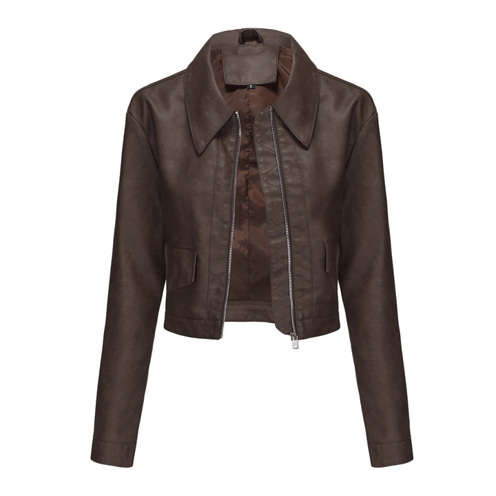 Damen modische cropped Kunstlederjacke mit klassischem Wellenkragen Drune