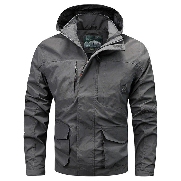 Herren Technische leichte Outdoorjacke mit Kapuze wasserabweisend und Multifunktionstaschen Drune