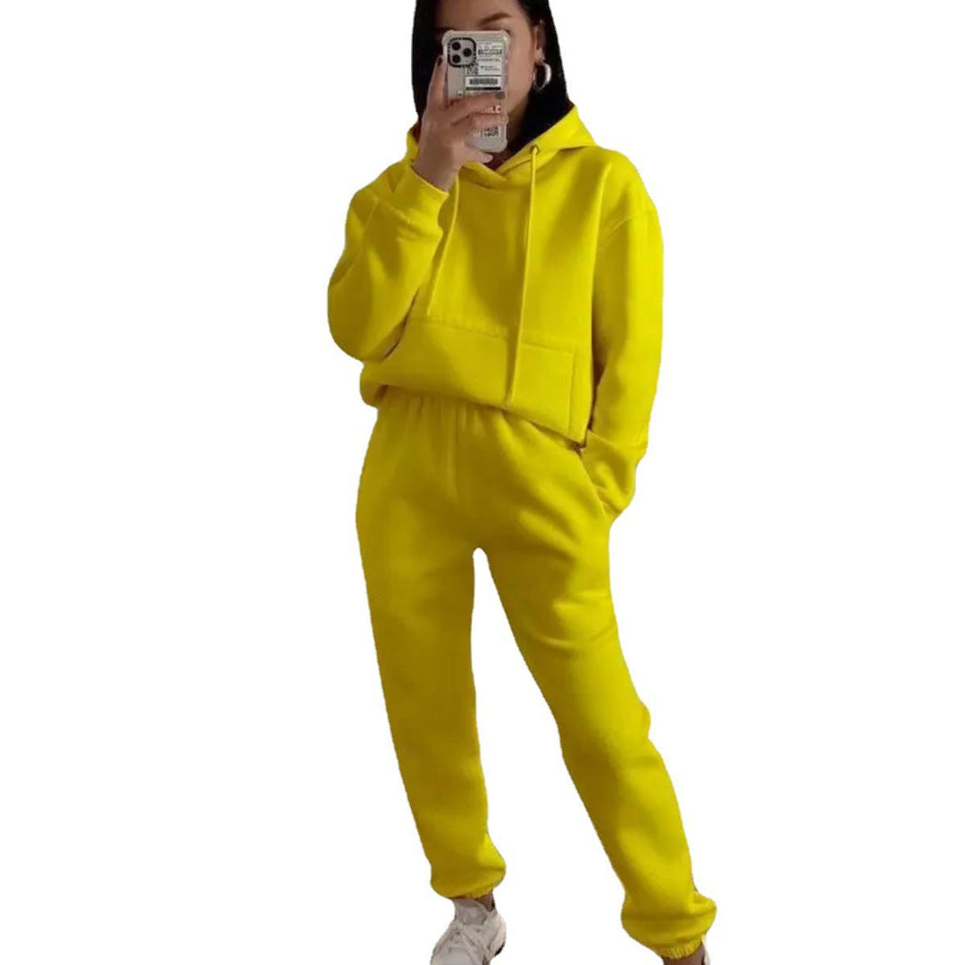 Damen sportliches Fleece-Joggingset mit Kapuze und elastischem Bund Drune