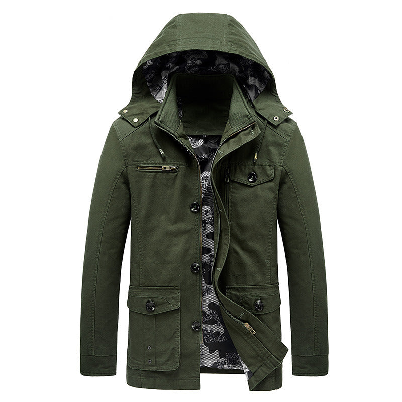 Herren Kapuzen-Canvas-Fieldjacke mit Camouflage-Innenfutter, Multifunktions‑Taschen und Reißverschluss‑Knopfleiste Drune