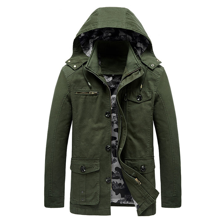 Herren Kapuzen-Canvas-Fieldjacke mit Camouflage-Innenfutter, Multifunktions‑Taschen und Reißverschluss‑Knopfleiste Drune