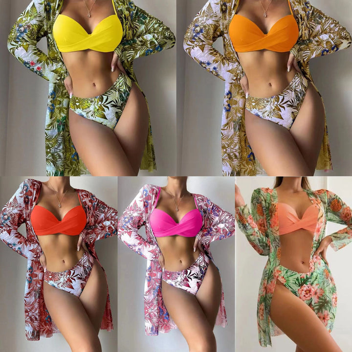 Damen Strand-Bikini mit floralen Verzierungen und elegantem Kimono Drune