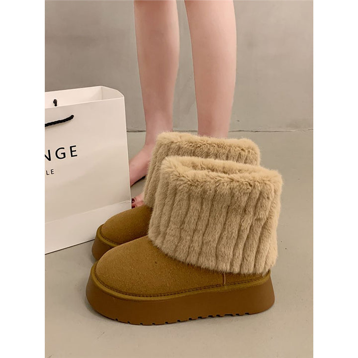 Damen Gefütterte Plateau-Ankle-Boots aus Veloursimitat mit umschlagbarem Kunstfellrand Drune