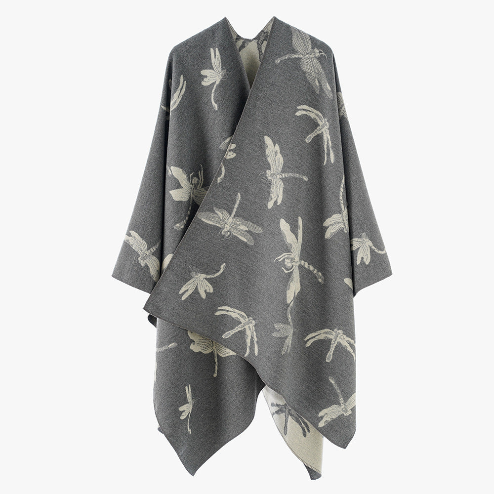 Damen Oversize-Cape aus feinem Jaquardstrick mit Libellenmotiv und reversibler Wolloptik Drune