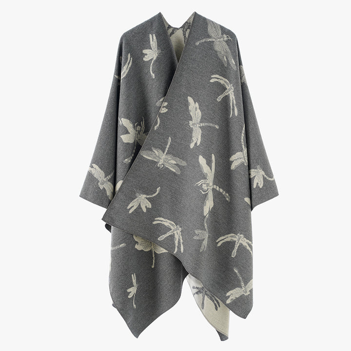 Damen Oversize-Cape aus feinem Jaquardstrick mit Libellenmotiv und reversibler Wolloptik Drune