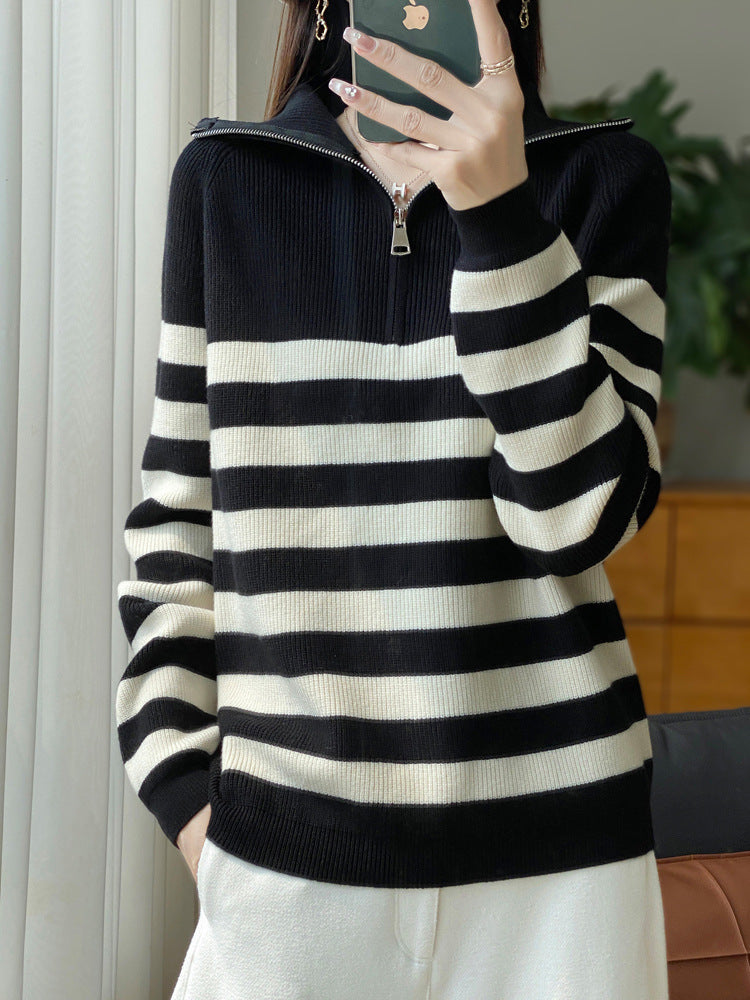 Damen Maritimer Troyer-Pullover aus feinem Rippstrick mit breiten Querstreifen Drune