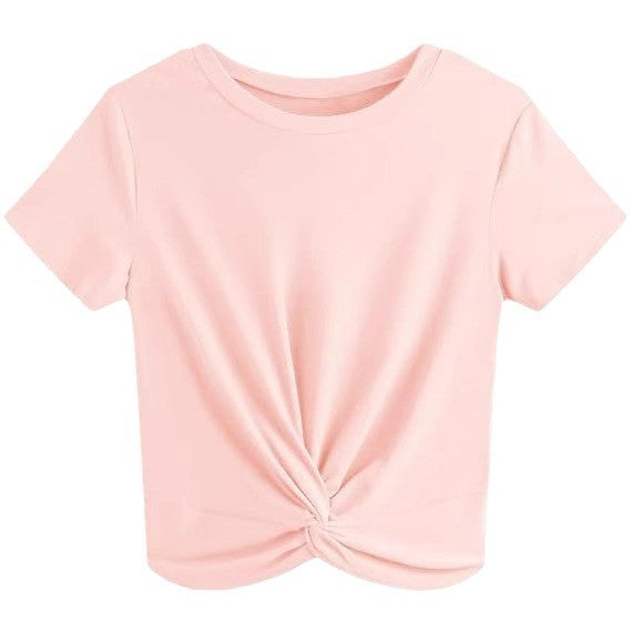 Damen Kurzarm T-Shirt mit Knoten und elastischem Stoff Drune