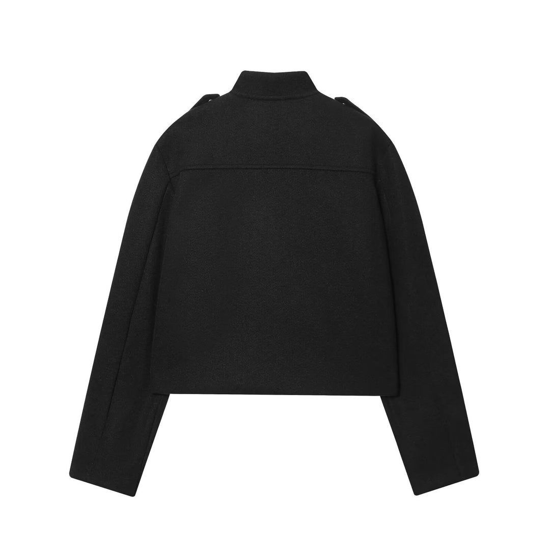 Damen Kurzgeschnittene Military‑Jacke mit Stehkragen, Pattentaschen und Zierknopfleiste Drune