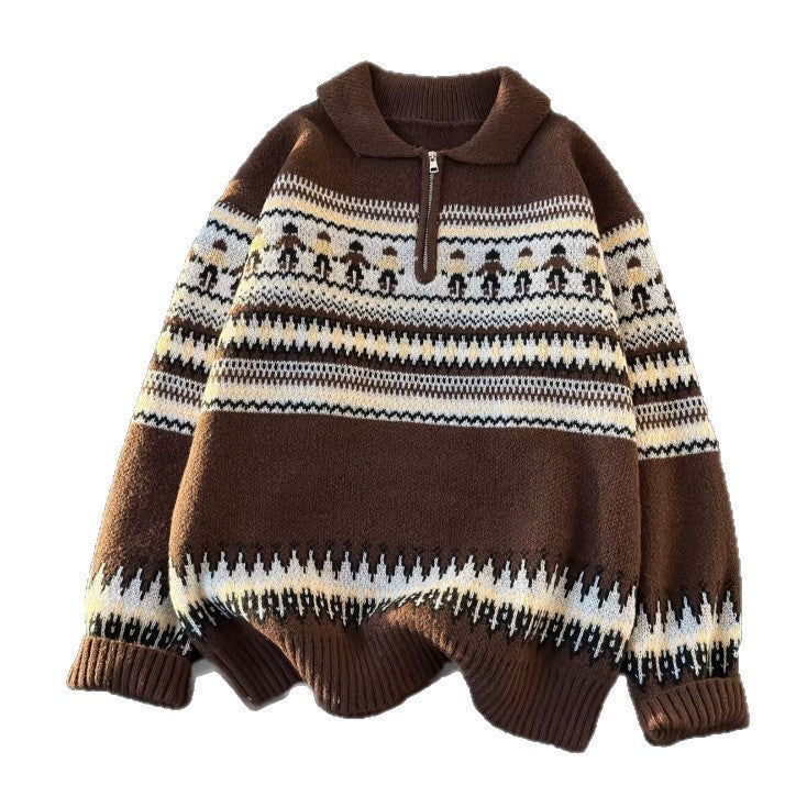 Unisex Oversized Rundhalspullover mit Norweger-Jacquard und gerippten Bündchen Drune