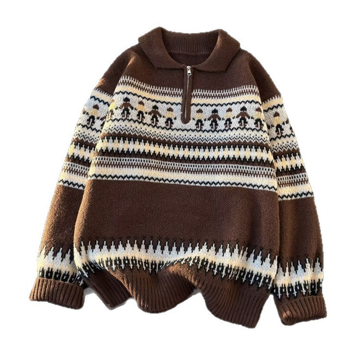 Unisex Oversized Rundhalspullover mit Norweger-Jacquard und gerippten Bündchen Drune