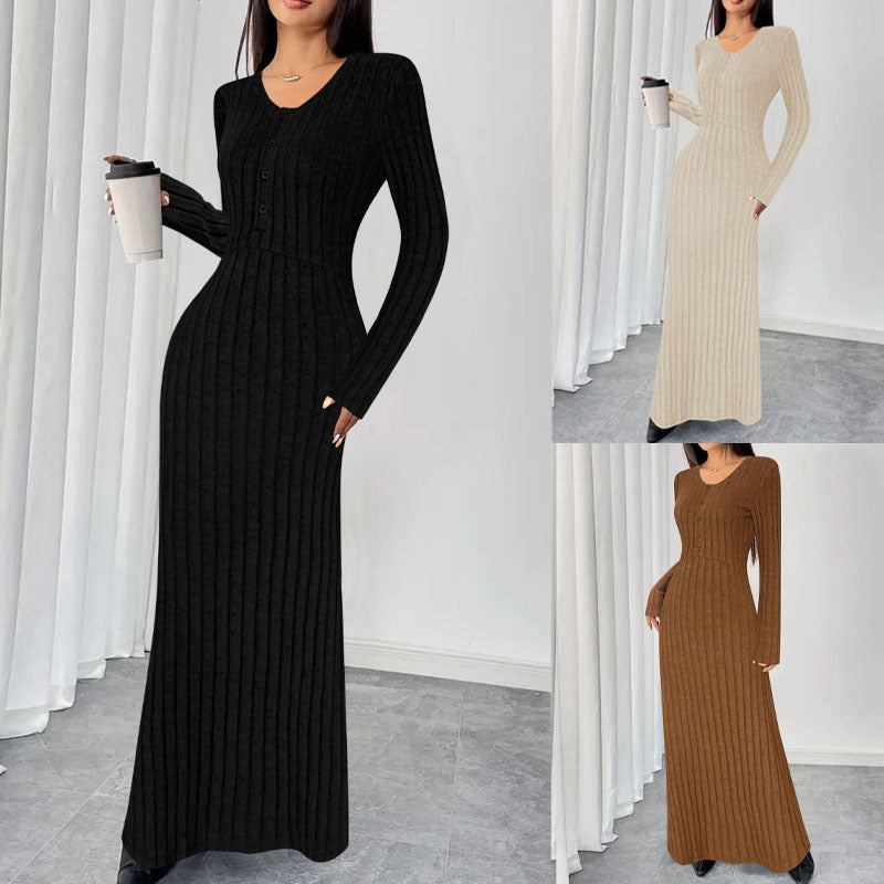 Damen Geripptes Tailliertes Maxikleid mit Knopfpatent und Rundhalsausschnitt Drune