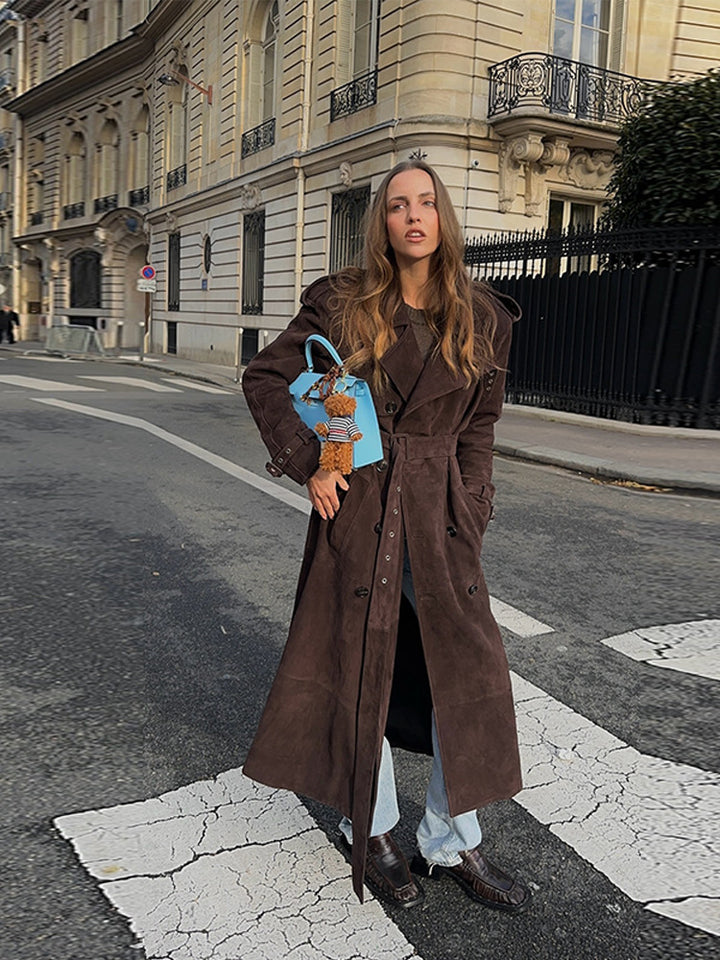 Damen Langer Trenchcoat aus weichem Wildlederimitat mit modischen Details Drune