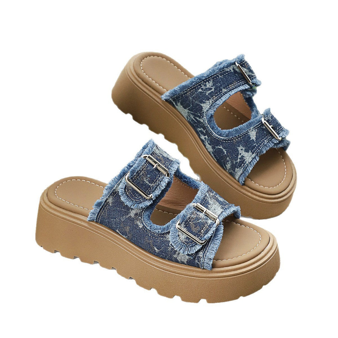 Damen Plateau-Pantoletten mit verstellbaren Riemen und trendiger Denim-Optik Drune