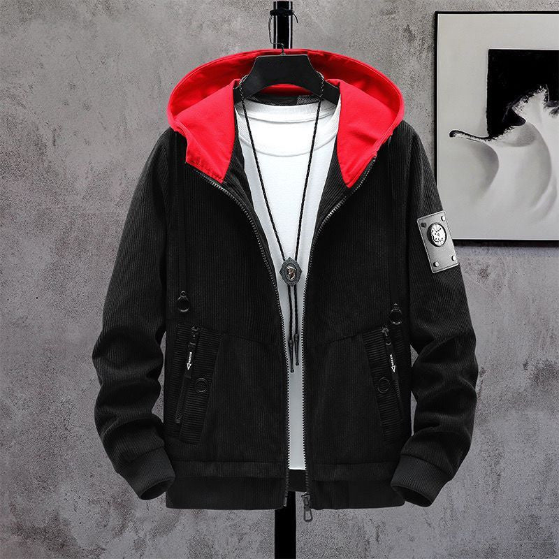 Herren Modische Cordjacke mit abnehmbarer Kapuze Drune