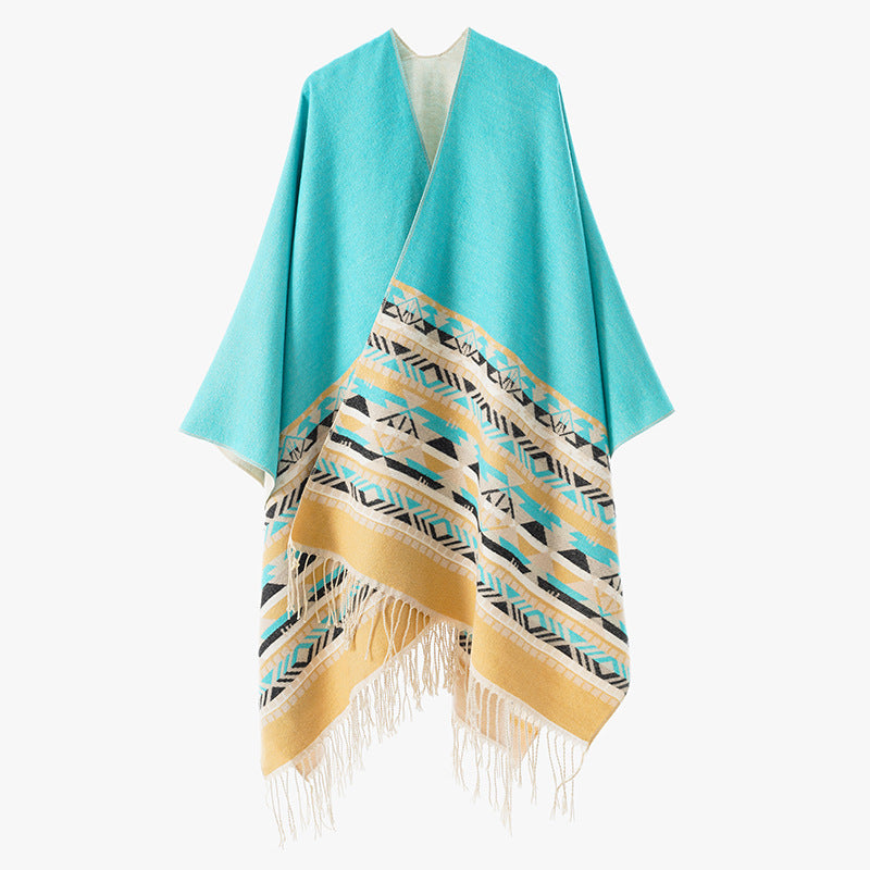 Damen V-Kragen-Überwurfponcho im Kimono-Fall mit Ethno-Bordüre und Fransensaum Drune