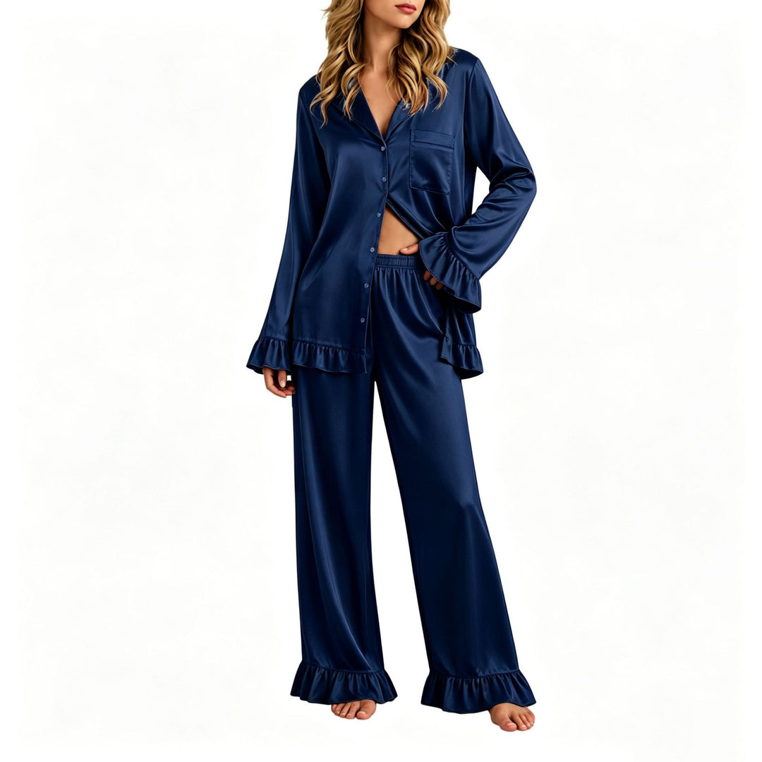 Damen Satin-Pyjama-Set mit Knopfhemd, weiten Palazzo-Hosen und Rüschensaum Drune