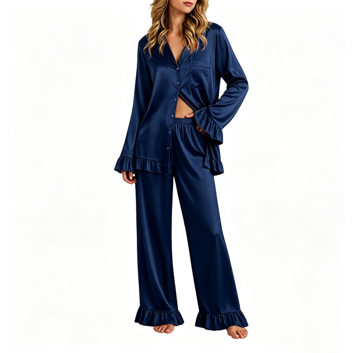 Damen Satin-Pyjama-Set mit Knopfhemd, weiten Palazzo-Hosen und Rüschensaum Drune