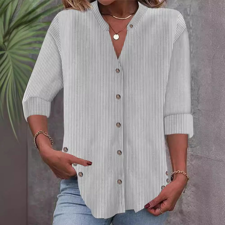 Damen Freizeit Gestreiftes Hemd Bluse mit Stehkragen, Durchgängige Knopfleiste und Roll-up 3/4 Ärmeln Drune