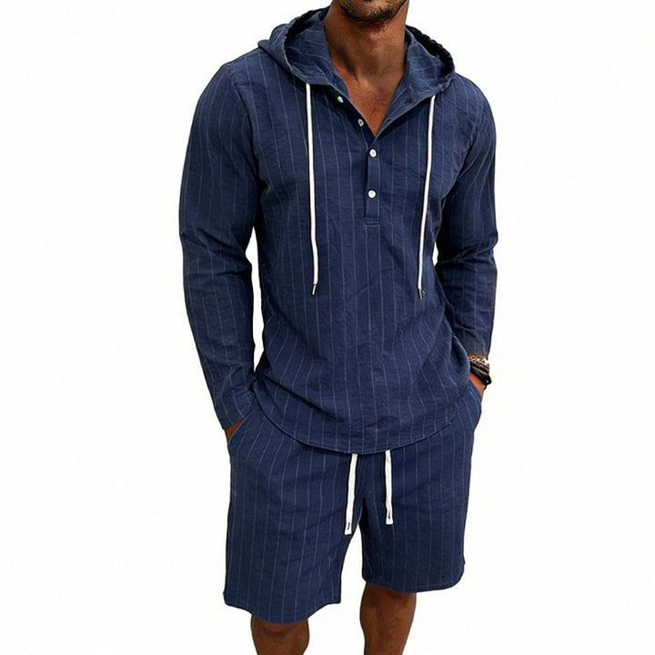 Herren nan gestreiftes Leinenoptik-Kapuzen-Henley-Set mit Tunnelzug-Shorts Drune