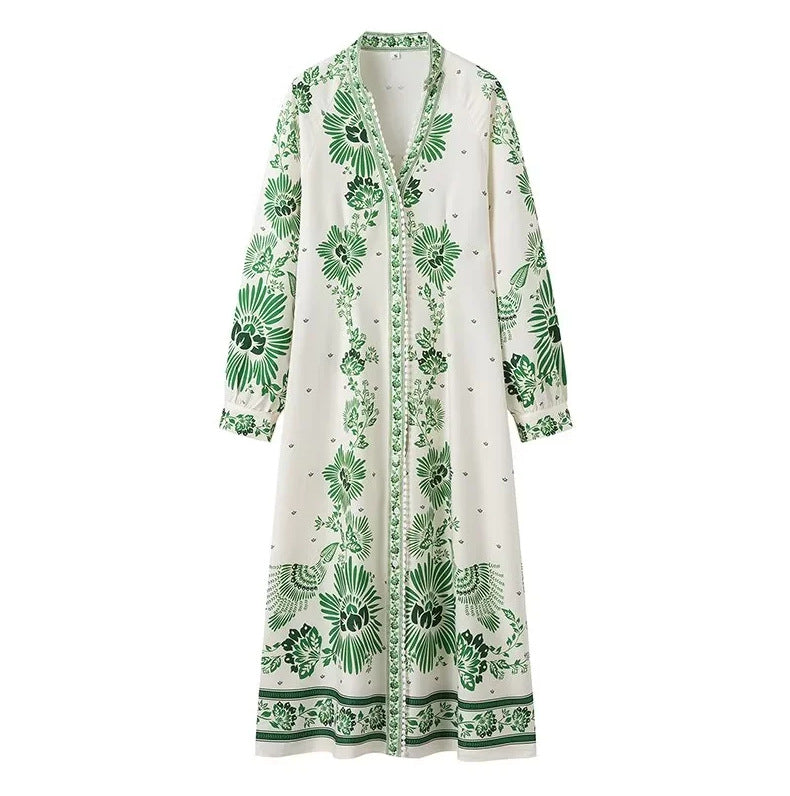 Damen 70+ langes Boho‑Maxikleid mit floralem Print, durchgehender Knopfleiste und gerafften Ärmelbündchen Drune