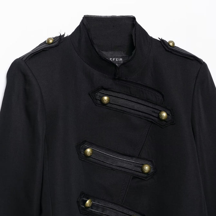 Damen Kurz geschnittene Militärjacke im Husarenstil mit Stehkragen und Zierknopfleiste Drune