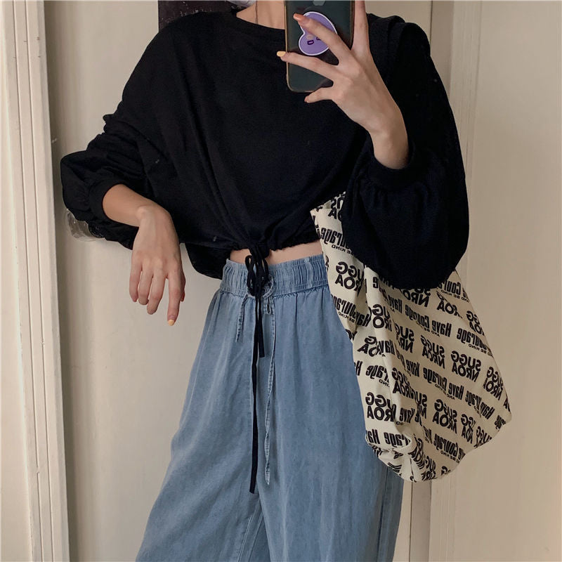 Damen Cropped Sweatshirt mit innovativem Kordelzug und oversized Ärmeln Drune