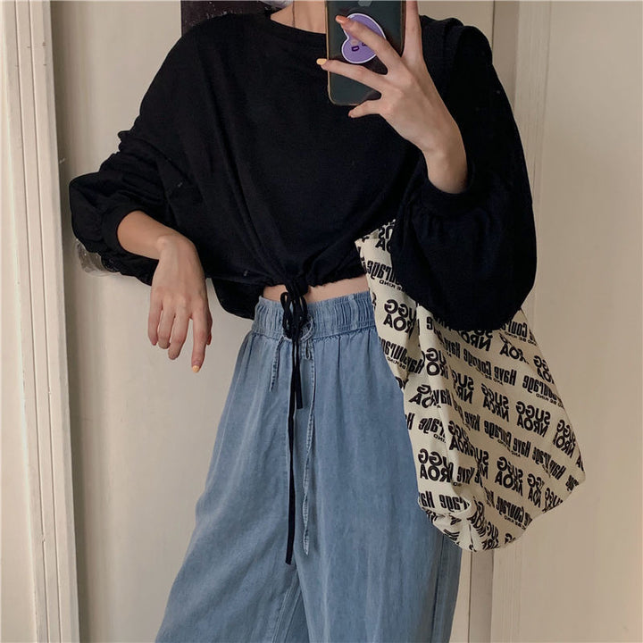 Damen Cropped Sweatshirt mit innovativem Kordelzug und oversized Ärmeln Drune