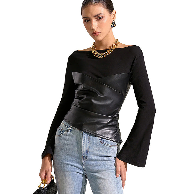 Damen Oberteil mit ausgefallenem Wickeldesign und eleganten Trompetenärmeln Drune
