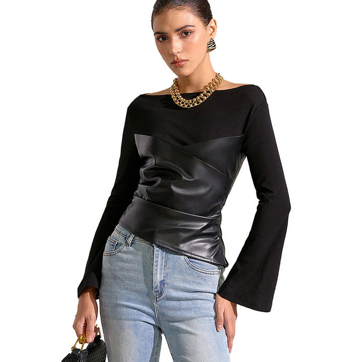 Damen Oberteil mit ausgefallenem Wickeldesign und eleganten Trompetenärmeln Drune