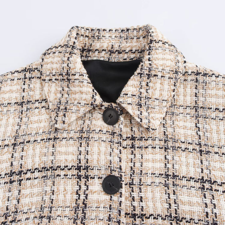 Damen Cropped Bouclé‑Übergangsjacke mit kastigem Boxy‑Schnitt, Hemdkragen und dekorativen Knöpfen Drune