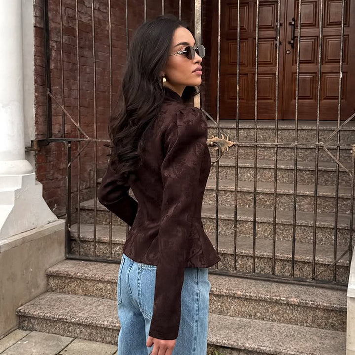 Damen Taillierter Jacquard-Blazer mit Stehkragen, Puffärmeln und Schößchen Drune