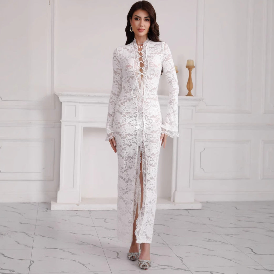 Damen Spitzenmaxikleid mit Schnürung und hohem Beinschlitz Drune