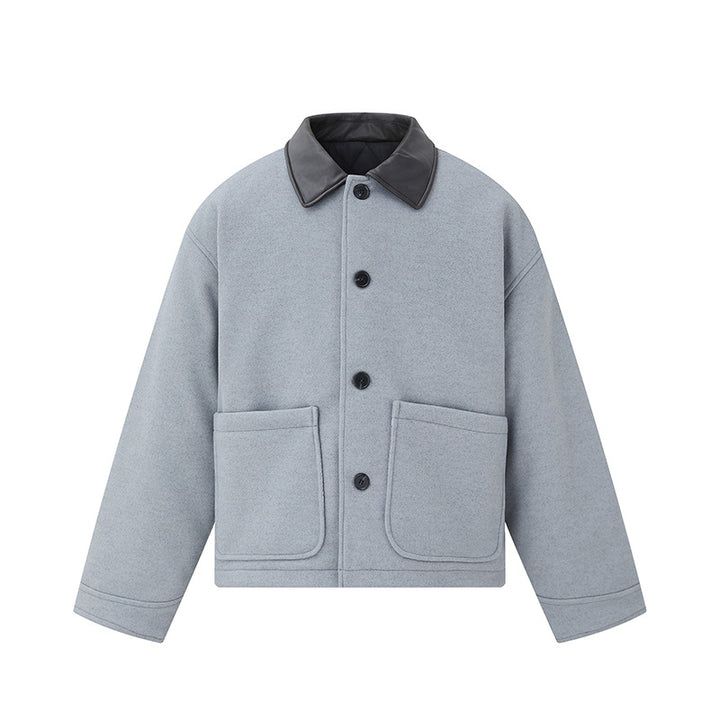 Unisex Kurzblouson im minimalistischen Workwear‑Look aus Wollmix mit Lederoptikkragen Drune