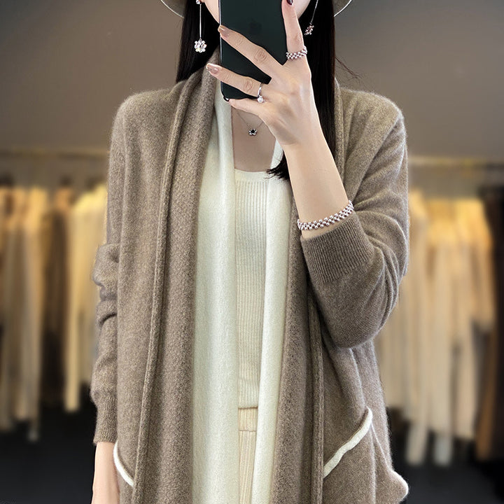 Damen Langer offener Cardigan in Kaschmir‑Look mit Schalkragen und Eingriffstaschen Drune