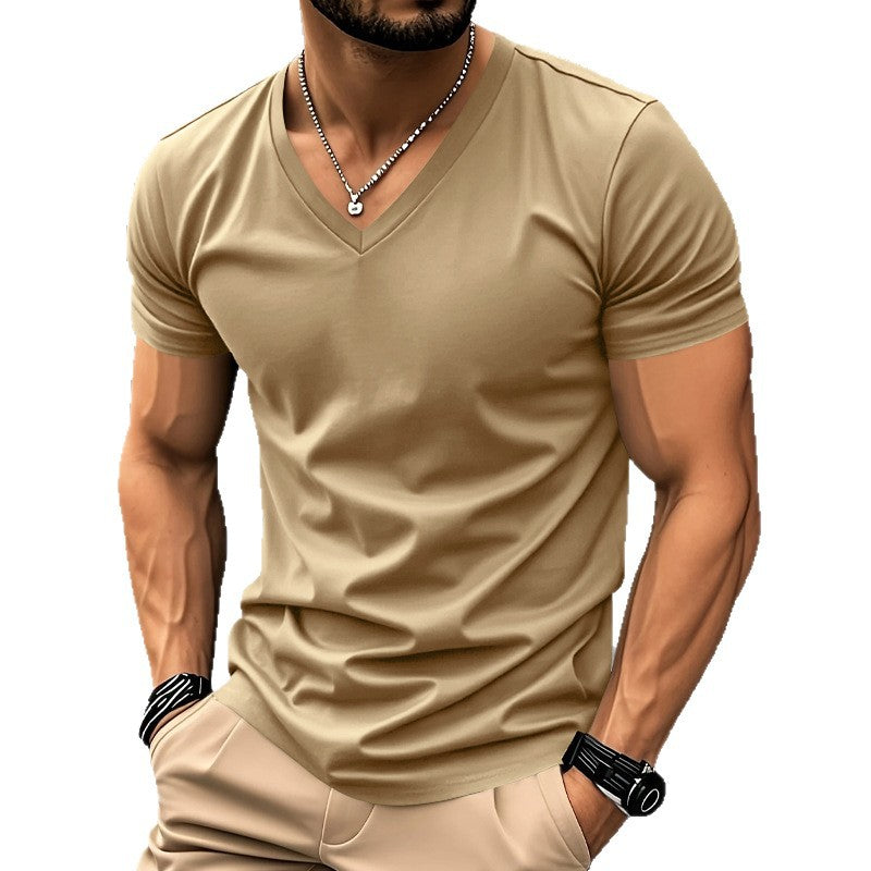 Herren nan klassisches V-Ausschnitt T-Shirt aus feinem Baumwolljersey mit verstärktem Nackenband und Doppelnaht Drune